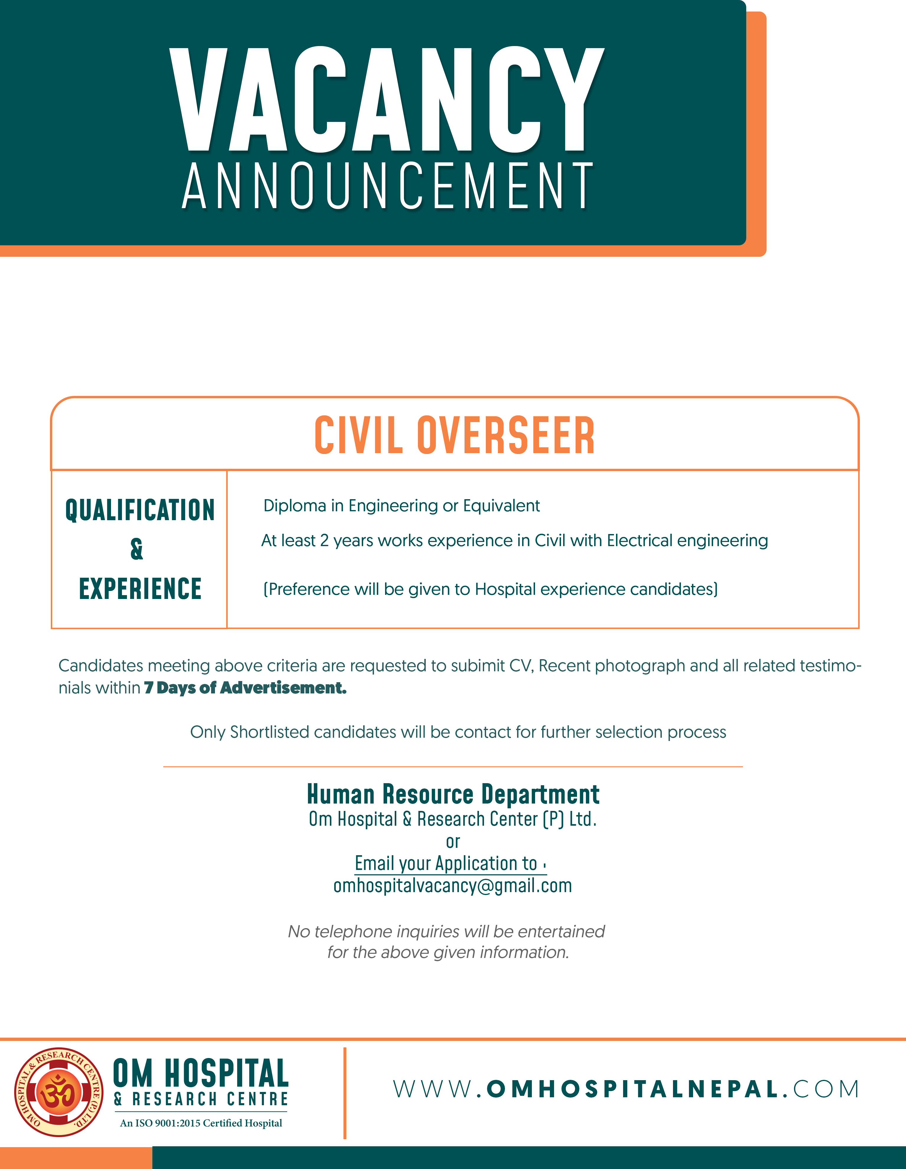 Vacancy Announcement- CIVIL OVERSEER